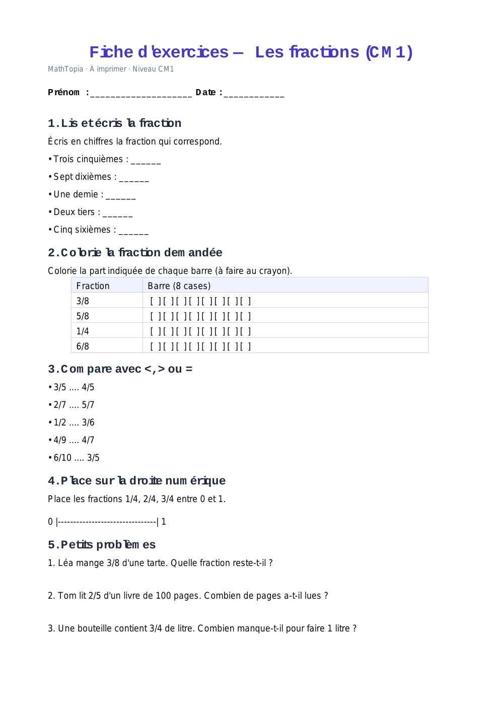 Aperçu de Fractions — Fiche CM1