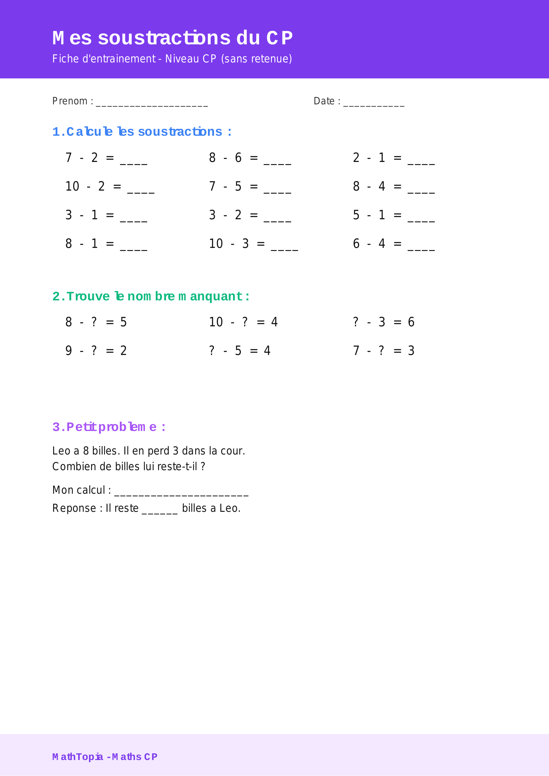 Aperçu de Soustractions simples — Fiche CP